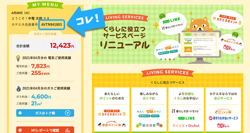 カテエネ会員番号を確認できる場所を説明する図